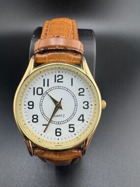 FMD Gold Case Wristwatch Quartz Analog White Dial Brown Imitation Leather Strap